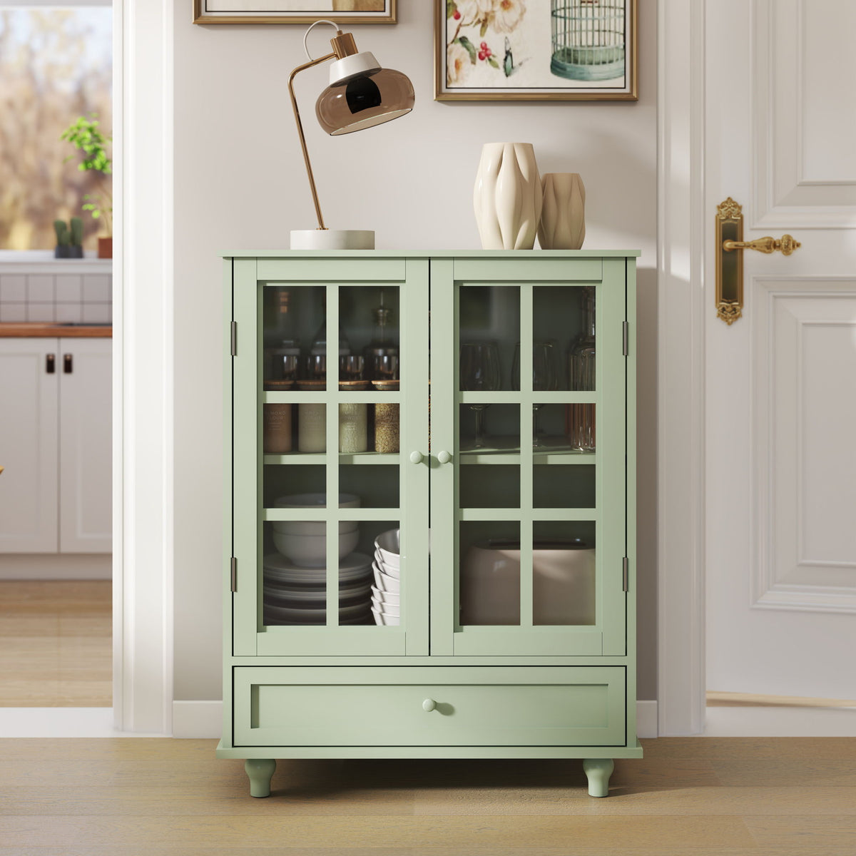 Minimalist Buffet Cabinet With Double Glass Doors And Drawer