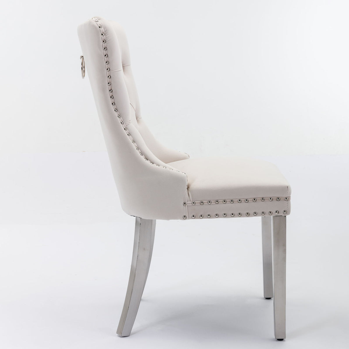 Nikki - Silla de comedor moderna y de alta gama, de madera maciza capitoné, tapizada en terciopelo, con patas de acero inoxidable cromado y ribete de tachuelas (juego de 2)