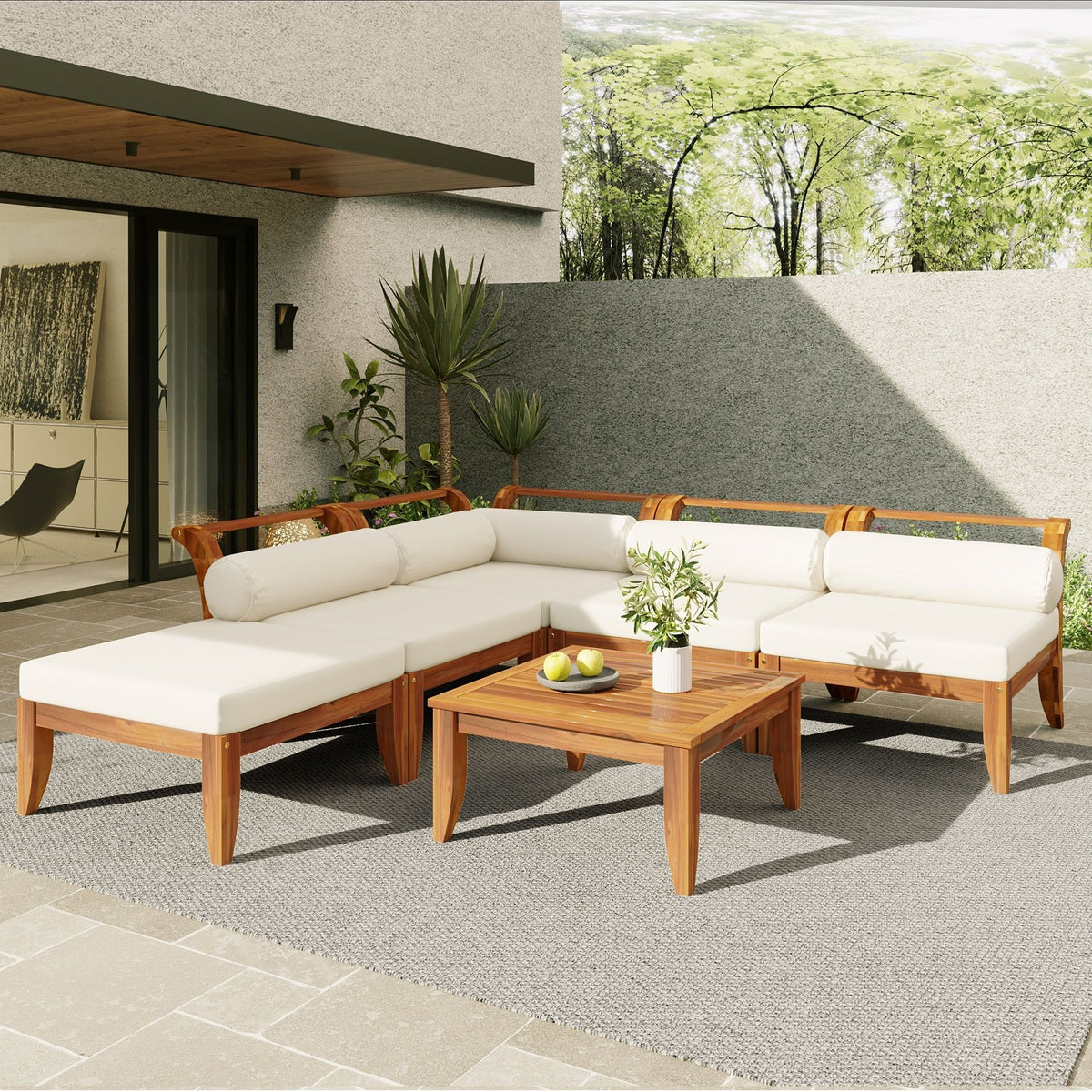6 Piece Patio Sofa Set, Acacia Wood Outdoor Modular Sectional Garden Furniture Set L Shaped Conversation Set, Convertible Daybed With Tea Table, Ottoman, 5 Cushions And Pillows - Teak / Beige