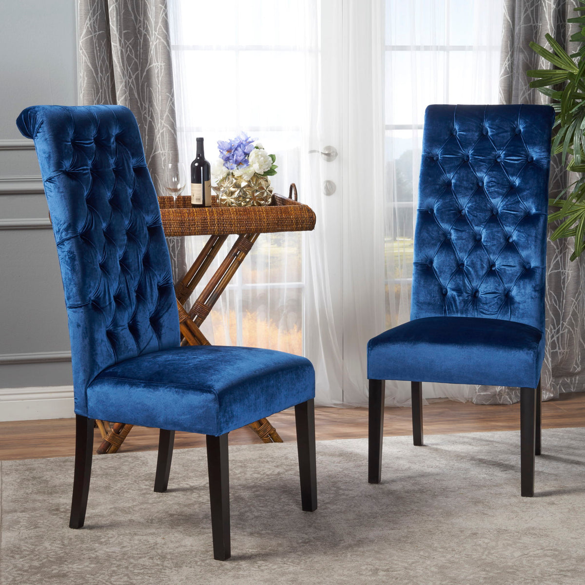 Elegant George Hi Back Dining Chair (Set of 2) With Tufted Velvet - Navy Blue