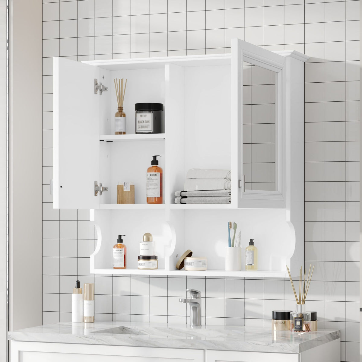 Wall Mounted Mirror Medicine Cabinet, Bathroom Storage With Doors And Open Shelves