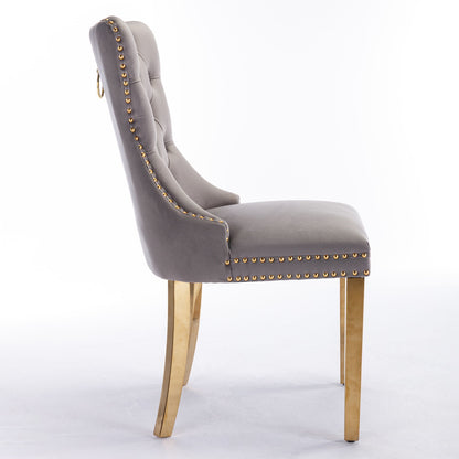 Nikki - Silla de comedor moderna y de alta gama, de madera maciza capitoné, tapizada en terciopelo, con patas de acero inoxidable dorado y ribete de tachuelas (juego de 2)