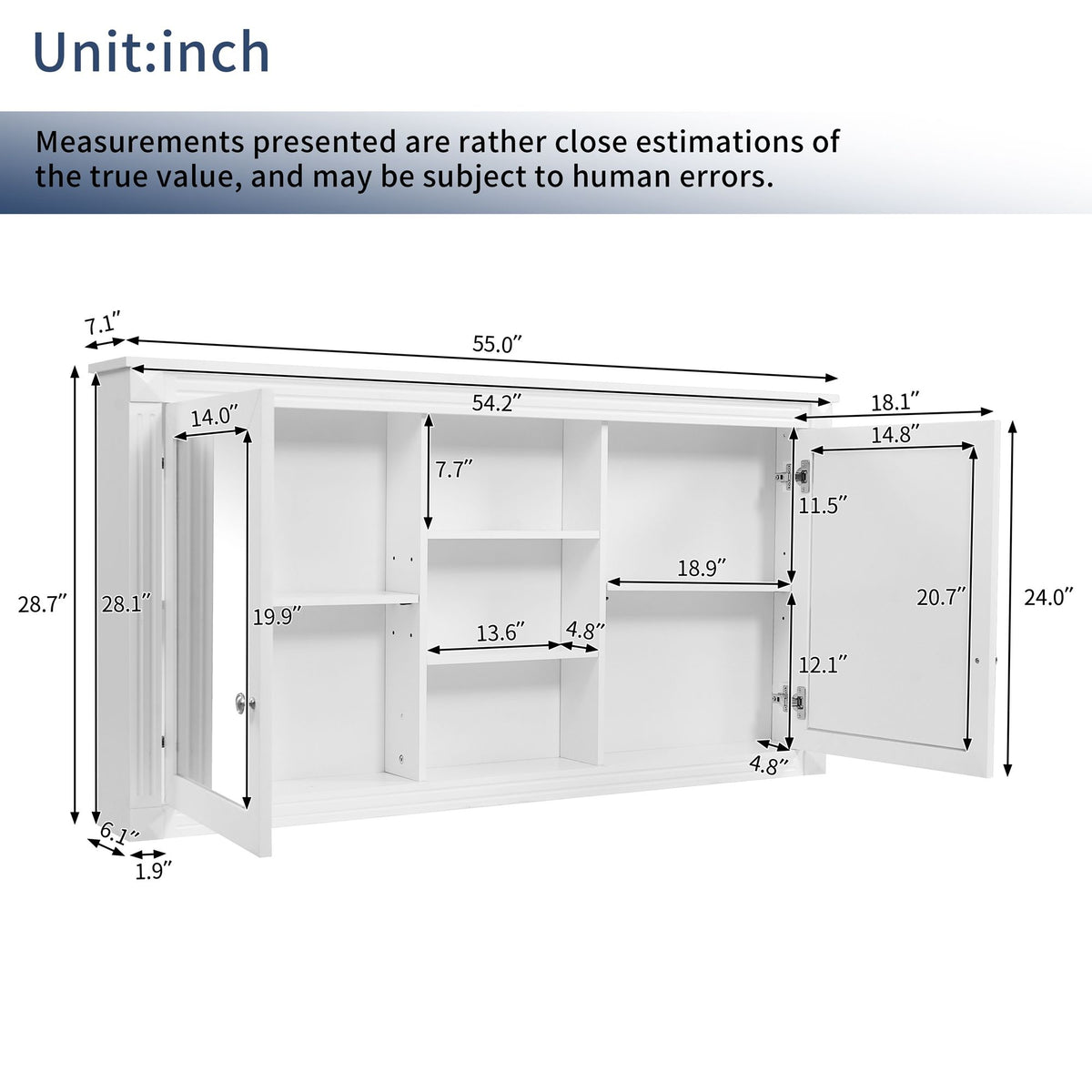 Modern Wall-Mount 2 In 1 Mirror Cabinet With Adjustable Shelves, Soft-Closing Hinges