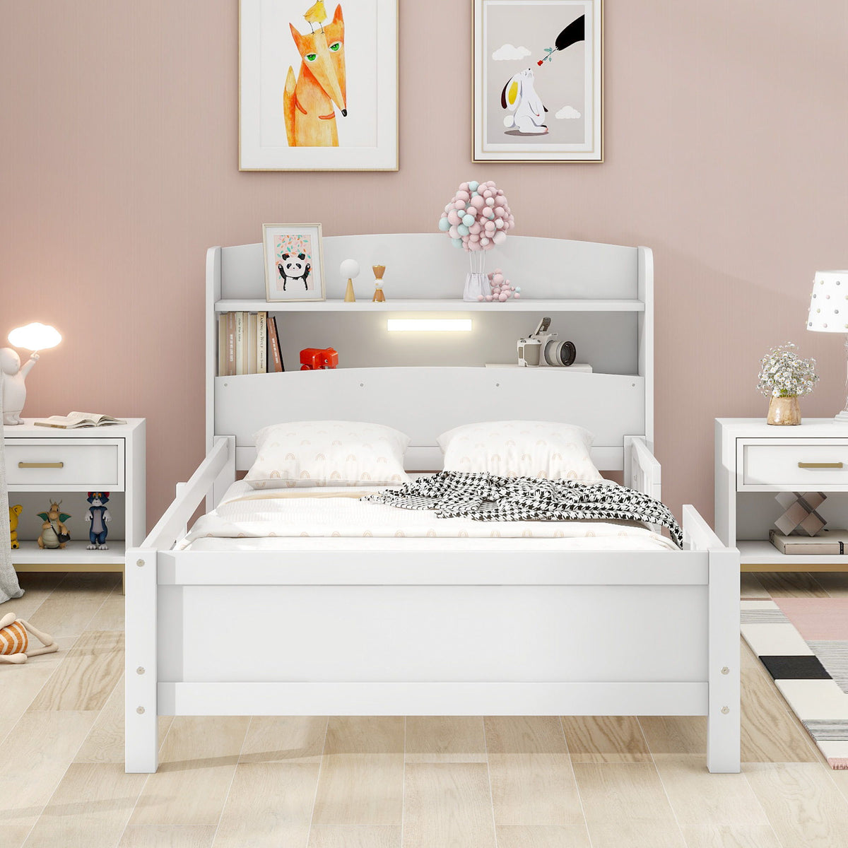 Wood Platform Bed With Built In LED Light, Storage Headboard And Guardrail