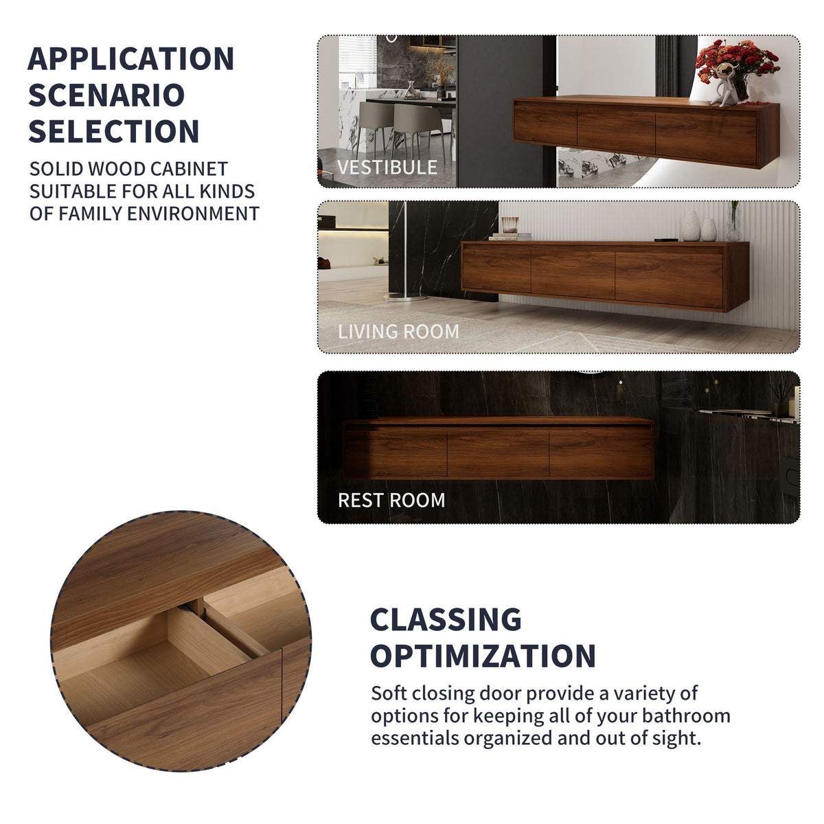 Wall Mounted Bathroom Vanity With Resin Sink And 2 Side Cabinet, 3 Soft Close Drawer - Brown Ebony