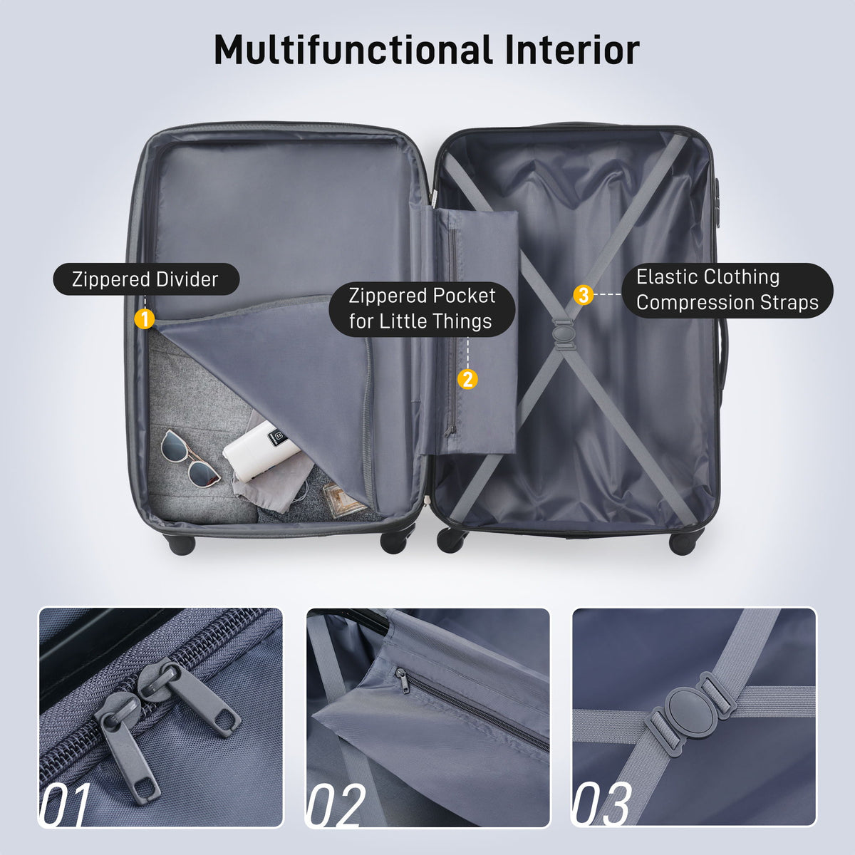Juego de 3 maletas rígidas con ruedas y cerradura TSA, disponibles en 20, 24 y 28 pulgadas.