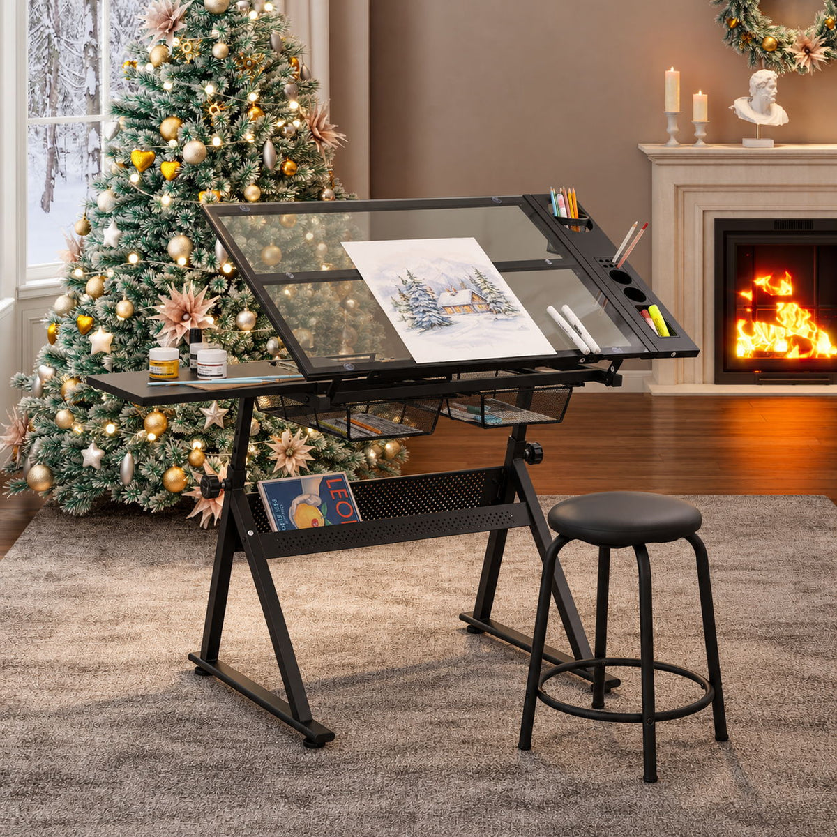 Mesa de dibujo e impresión de vidrio templado ajustable con silla