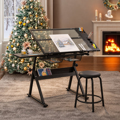 Mesa de dibujo e impresión de vidrio templado ajustable con silla