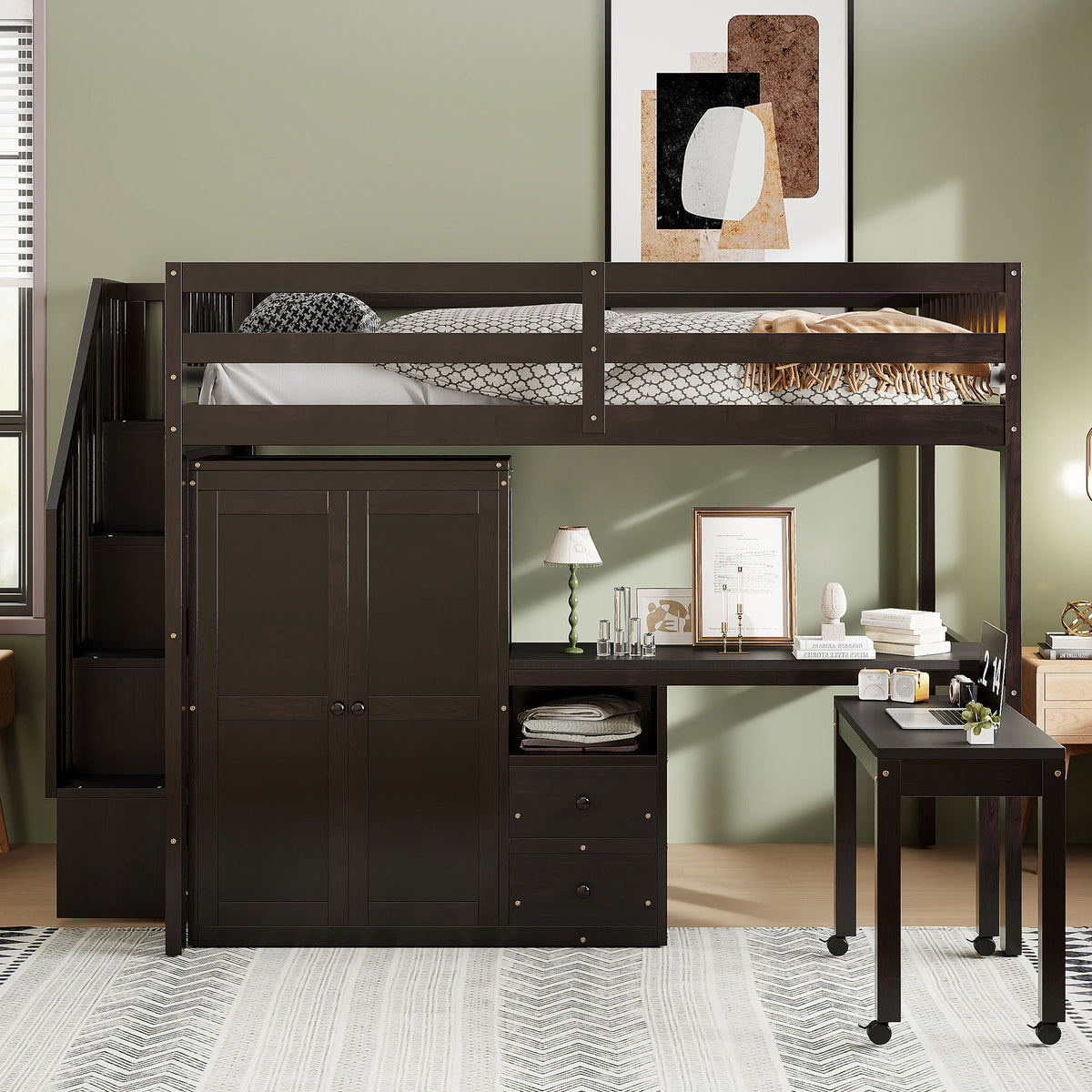 Full Size Loft Bed With Stairs, Bookshelf, Drawers, Desk & Wardrobe, Space Saving Multifunctional Furniture - Espresso