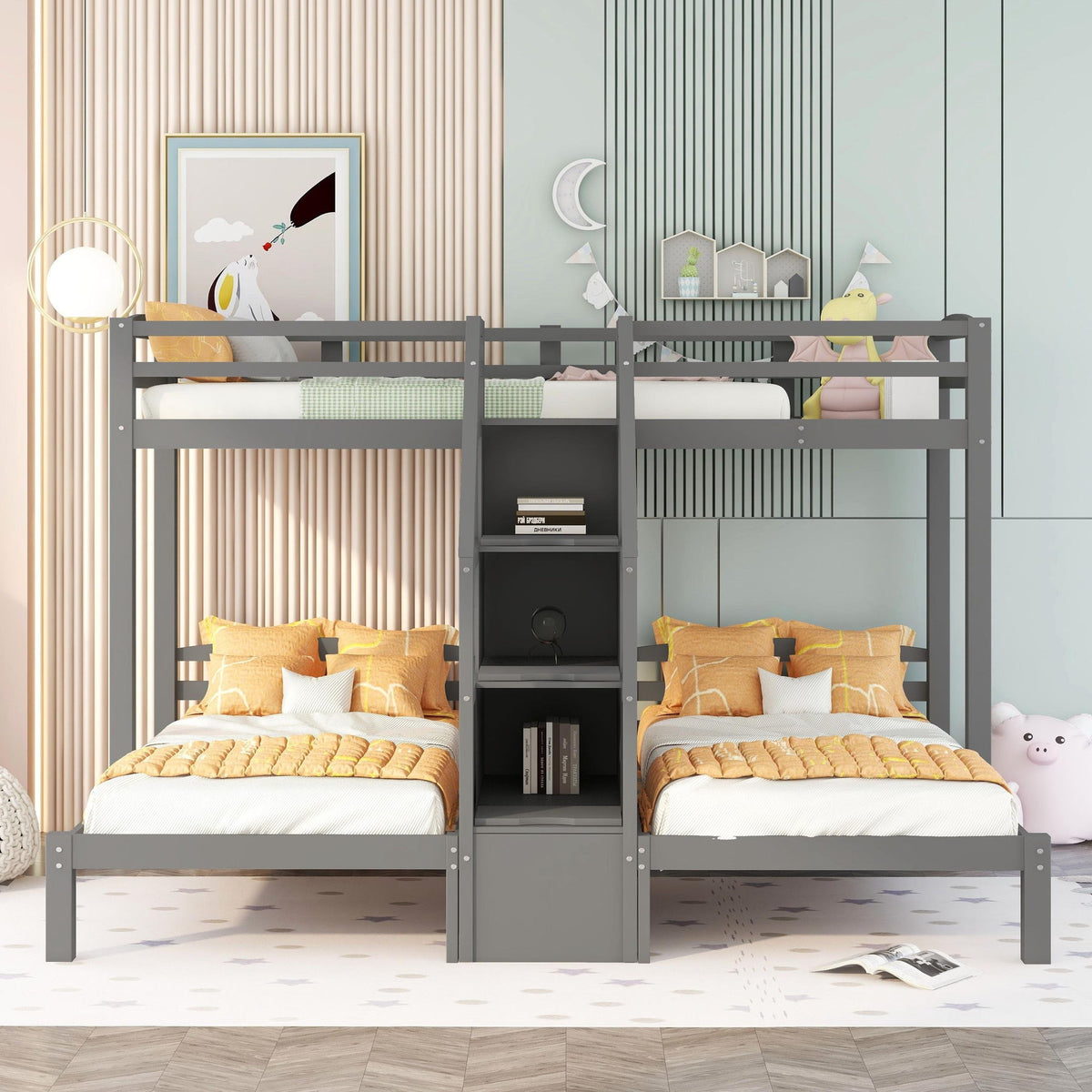 Twin Over Twin & Twin Bunk Bed With Built In Staircase And Storage Drawer - Gray