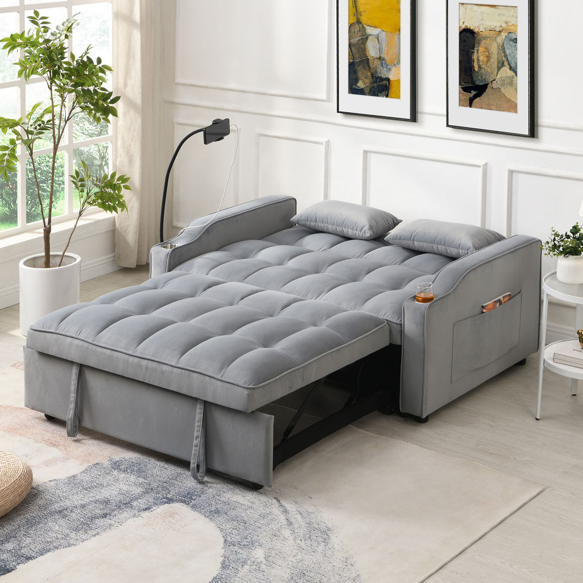 Modern Loveseat With Pullout Bed, Adjustable Reclining Backrest