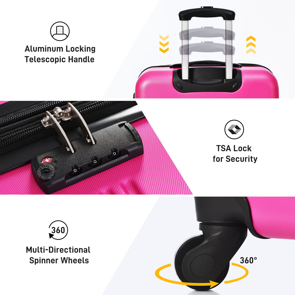 Juego de 3 maletas rígidas con ruedas y cerradura TSA, disponibles en 20, 24 y 28 pulgadas.