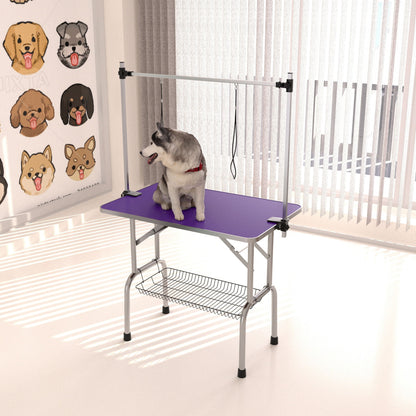 Mesa de aseo plegable para perros y gatos con marco de acero inoxidable y alfombrilla de goma integrada, brazo ajustable y abrazaderas.