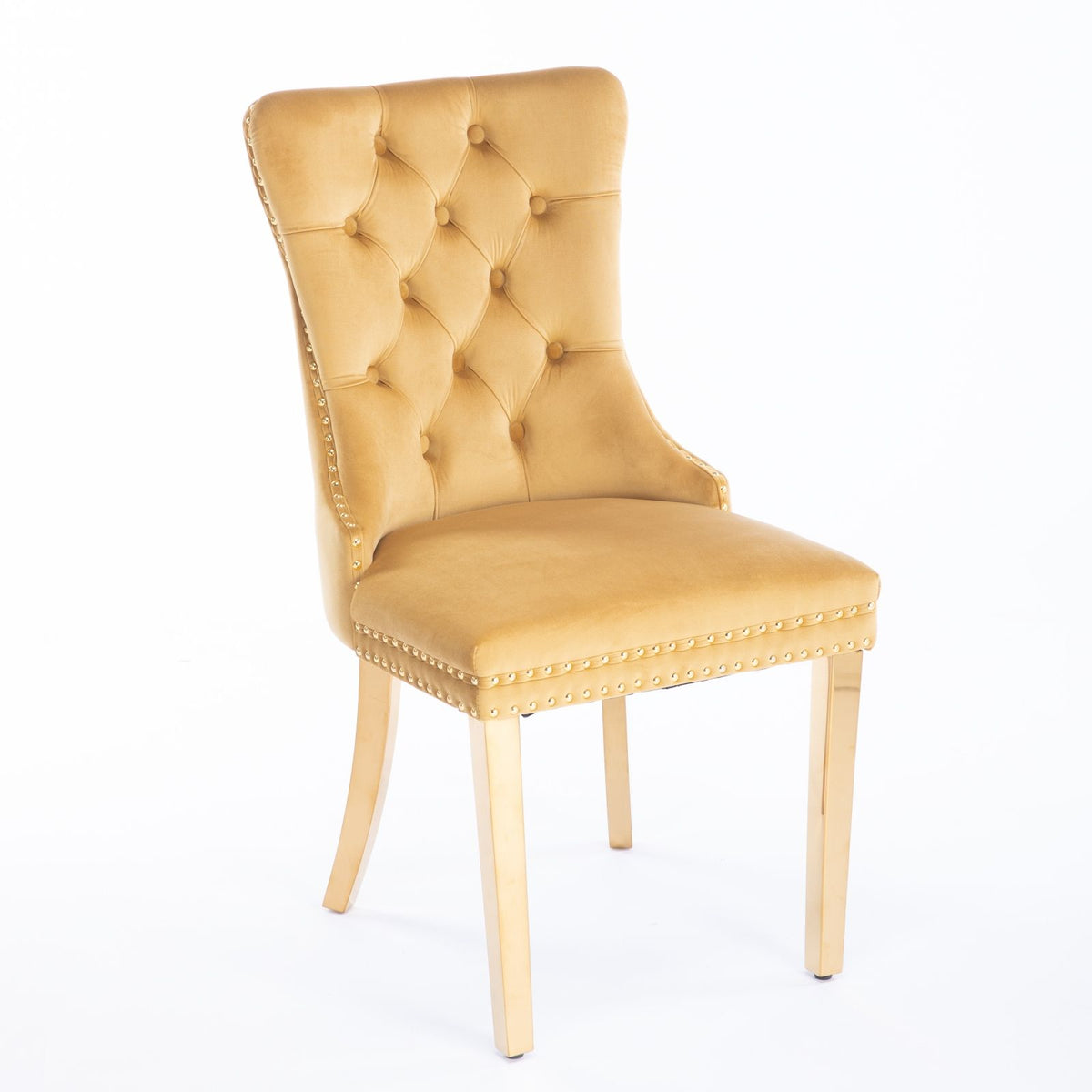 Nikki - Silla de comedor moderna y de alta gama, de madera maciza capitoné, tapizada en terciopelo, con patas de acero inoxidable dorado y ribete de tachuelas (juego de 2)