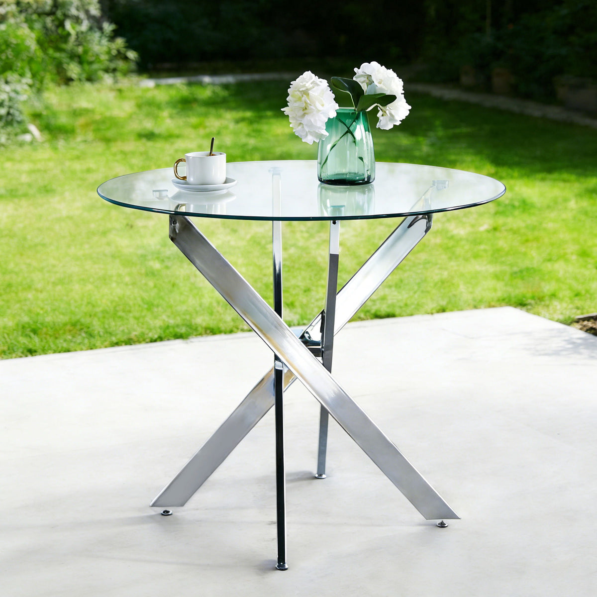 Dining Table With Cross Metal Leg And Tempered Glass, Modern Space Saving Kitchen Table For Living Room
