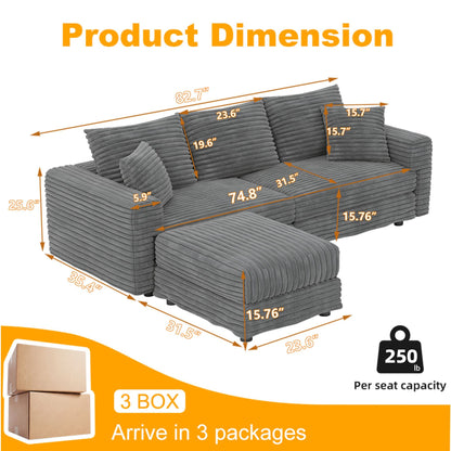 3 Seat Sofa, Deep Seat Couches With Soft Pillows And 1 Ottomans, Convertible Sofa Lounge Chair, For Living Room - Gray