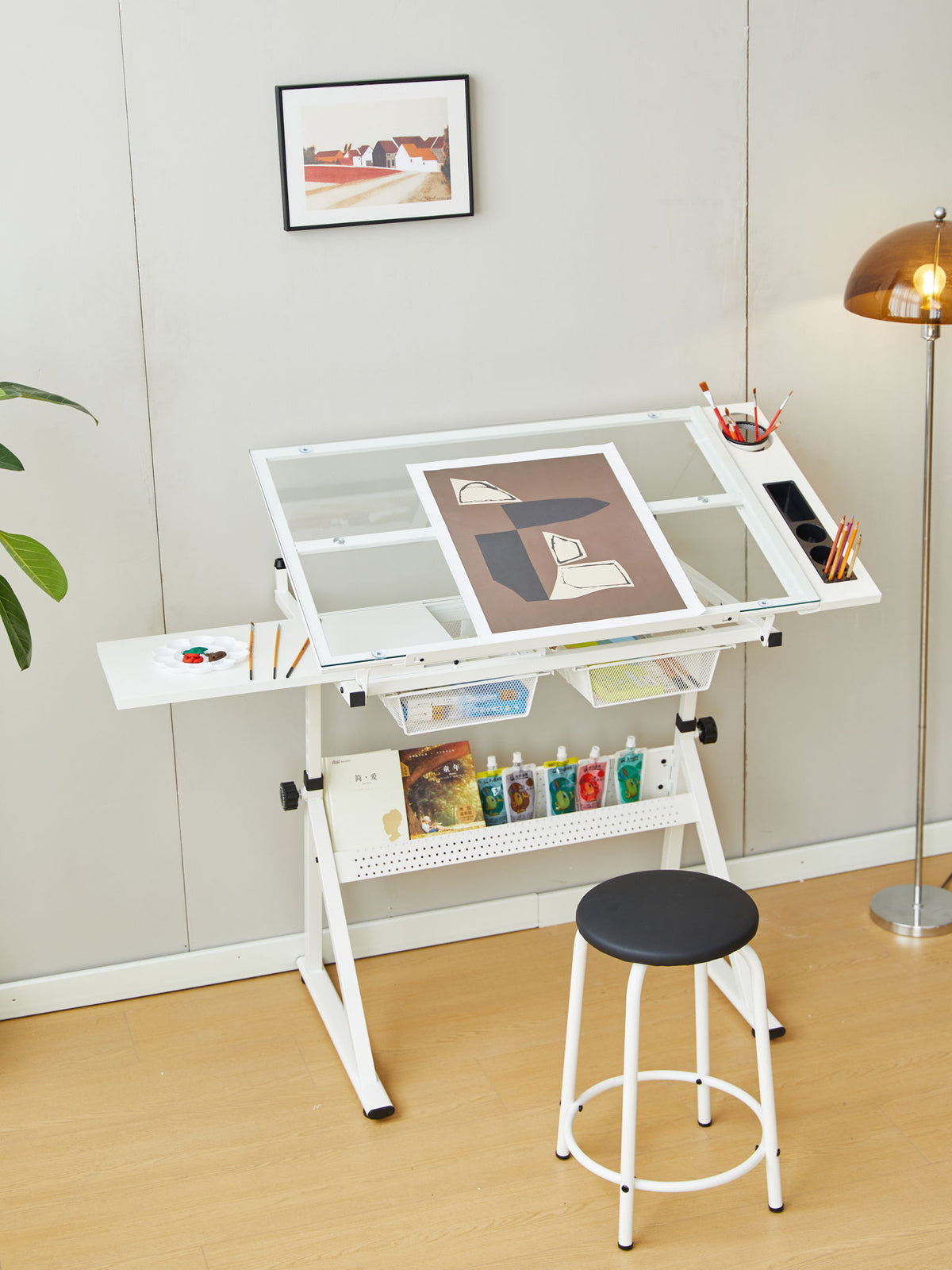 Mesa de dibujo e impresión de vidrio templado ajustable con silla