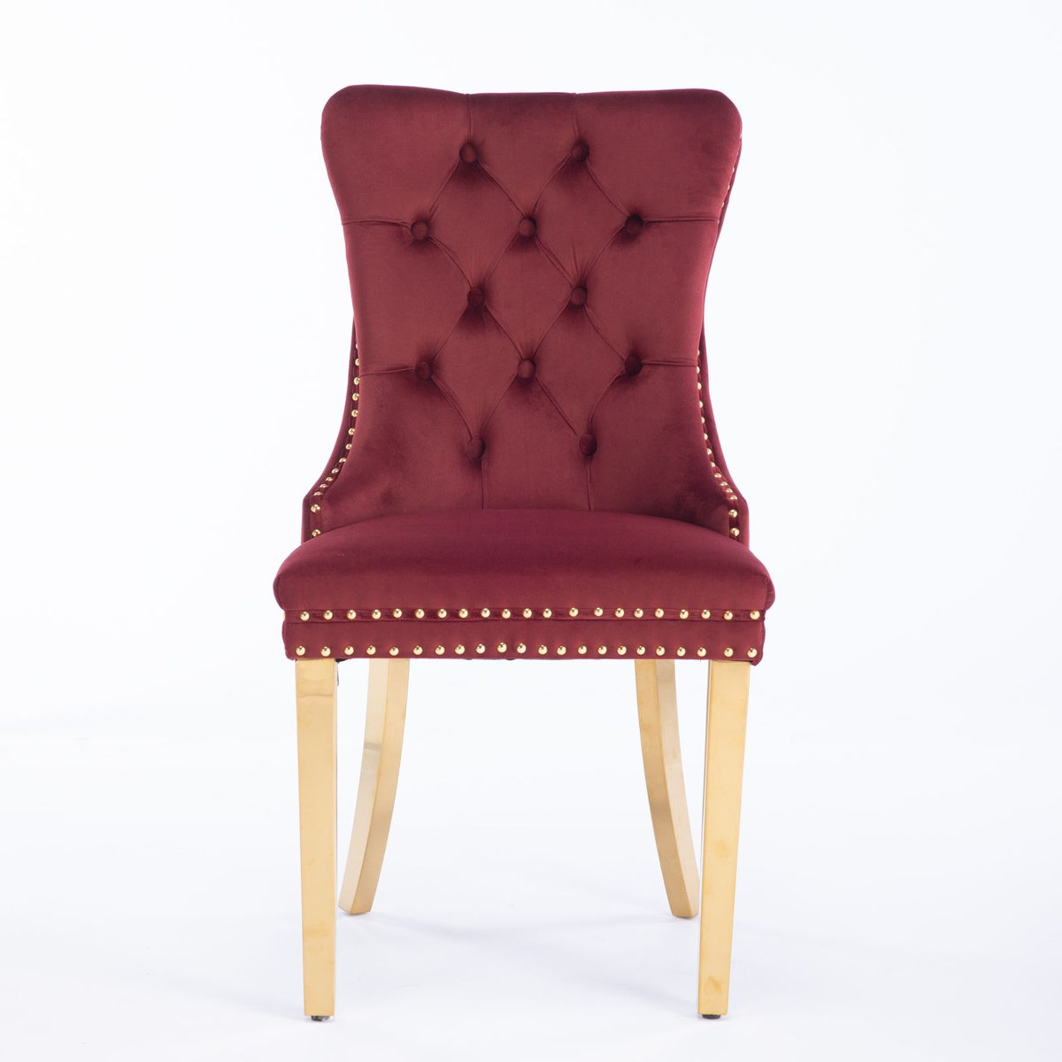 Nikki - Silla de comedor moderna y de alta gama, de madera maciza capitoné, tapizada en terciopelo, con patas de acero inoxidable dorado y ribete de tachuelas (juego de 2)