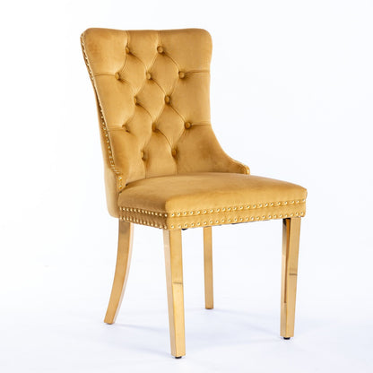 Nikki - Silla de comedor moderna y de alta gama, de madera maciza capitoné, tapizada en terciopelo, con patas de acero inoxidable dorado y ribete de tachuelas (juego de 2)