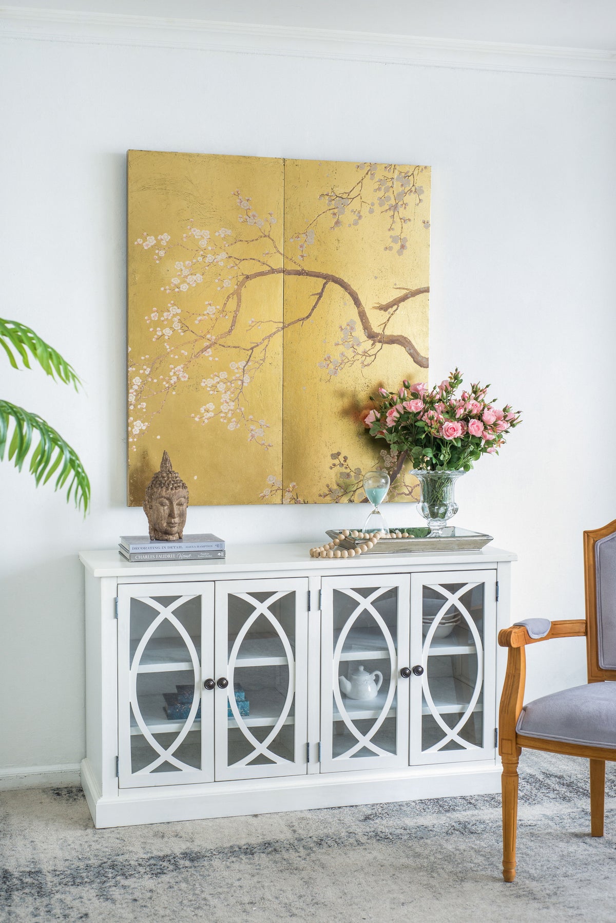 Paneles de arte mural con diseño de flor de cerezo, decoración para sala de estar, comedor, oficina y dormitorio (juego de 2) - Dorado