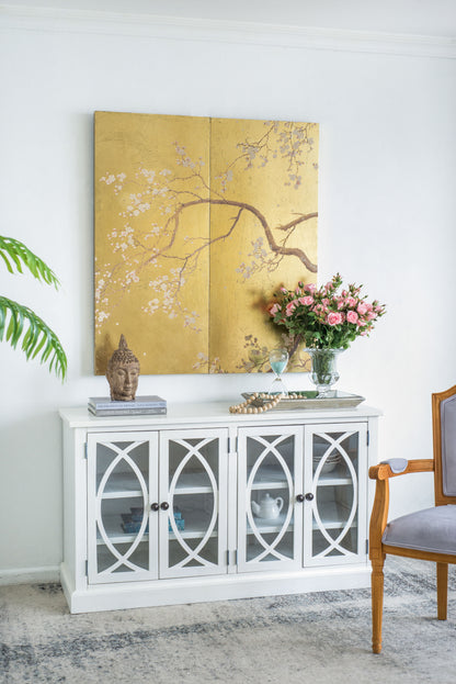 Paneles de arte mural con diseño de flor de cerezo, decoración para sala de estar, comedor, oficina y dormitorio (juego de 2) - Dorado