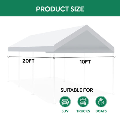 10 X 20 Ft Carport Canopy Cover Replacement Heavy Duty Waterproof Fabric With 36 Bungee Cords UV & Tear Resistant (Cover Only) - White