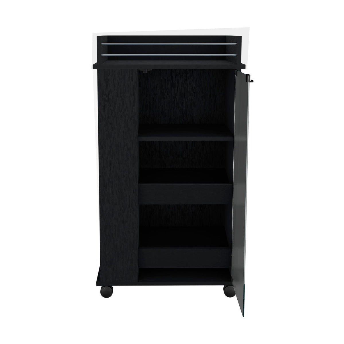 Bar Cart With Glass Door, 2 Side Shelves And Casters - Black