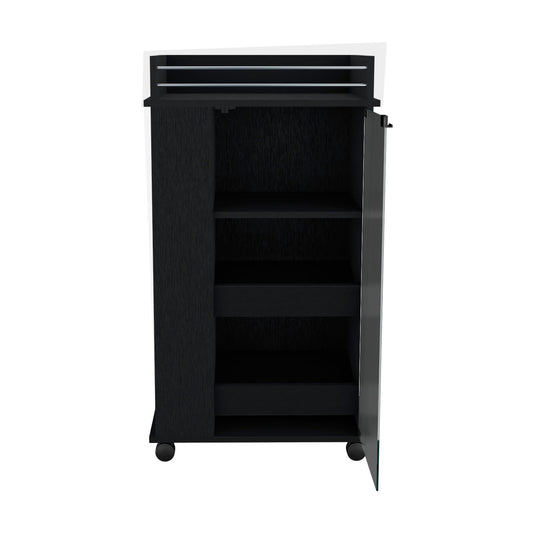 Bar Cart With Glass Door, 2 Side Shelves And Casters - Black
