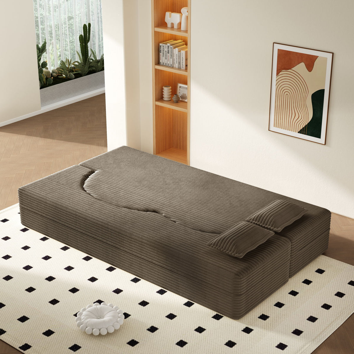 Modern Floor Sofa With 2 Pillows, Convertible Twin Size Folding Mattress For Living Room