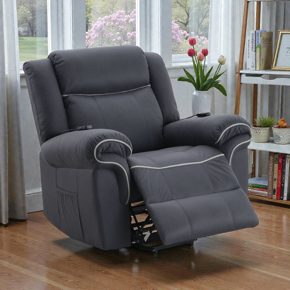 Domana - Sillón reclinable eléctrico Nirion de microfibra pulida con calefacción y elevación - Azul oscuro