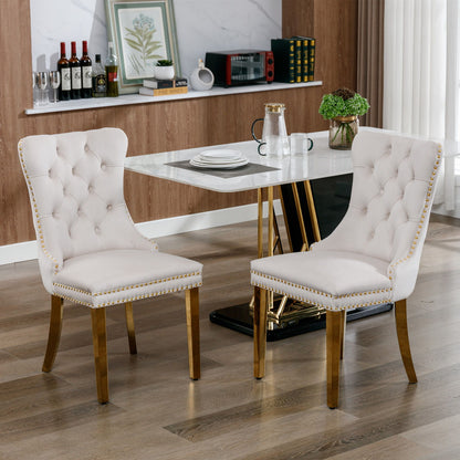 Nikki - Silla de comedor moderna y de alta gama, de madera maciza capitoné, tapizada en terciopelo, con patas de acero inoxidable dorado y ribete de tachuelas (juego de 2)