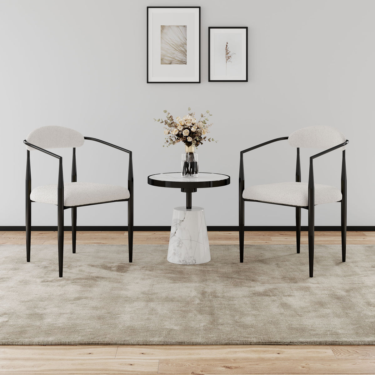 Dining Chairs (Set of 2), Mid-Century Modern Dining Chairs, Kitchen Dining Room Chairs, Round Boucle Backrest Sherpa Dining Chair With Metal Legs - White / Black