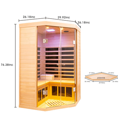 2 Persons Large Glass Front Deluxe Version Hemlock Far Infrared Corner Sauna Room - Natural
