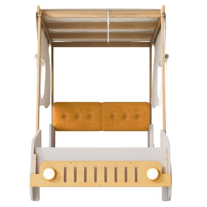 Twin Size Car Bed With Pillow, Ceiling Cloth And LED - Natural