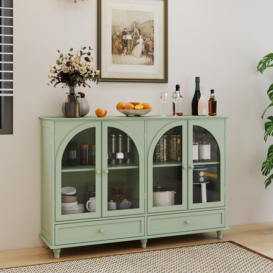Green Arched Glass Sideboard Buffet Cabinet, 2 Drawers & 4 Glass Doors Storage Credenza, Display Cabinet With Adjustable Shelves, Modern Kitchen Cupboard For Dining Room Living Room Entryway