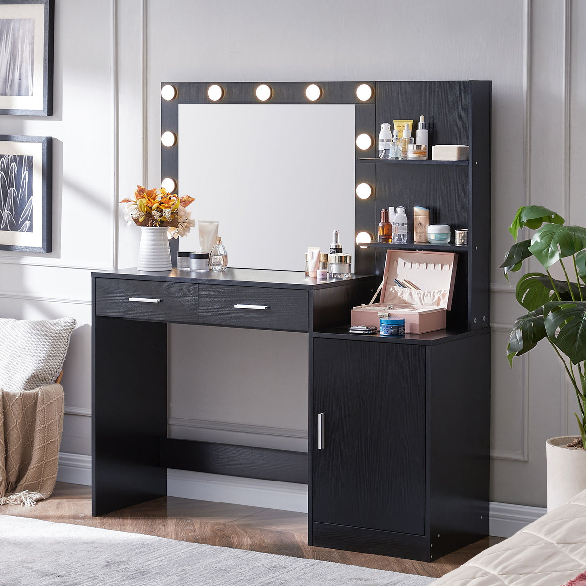 Tocador con espejo e iluminación, tocador de 128 cm con 2 cajones grandes y organizador vertical grande, 3 niveles de altura y 3 modos de iluminación con brillo ajustable, ideal para dormitorio.