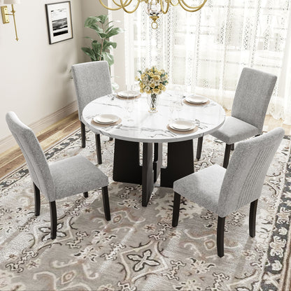 5 Piece Round Dining Table Set, Dining Table And 4 Upholstered Chairs For Dining Room, Kitchen Room, Living Room - White / Gray