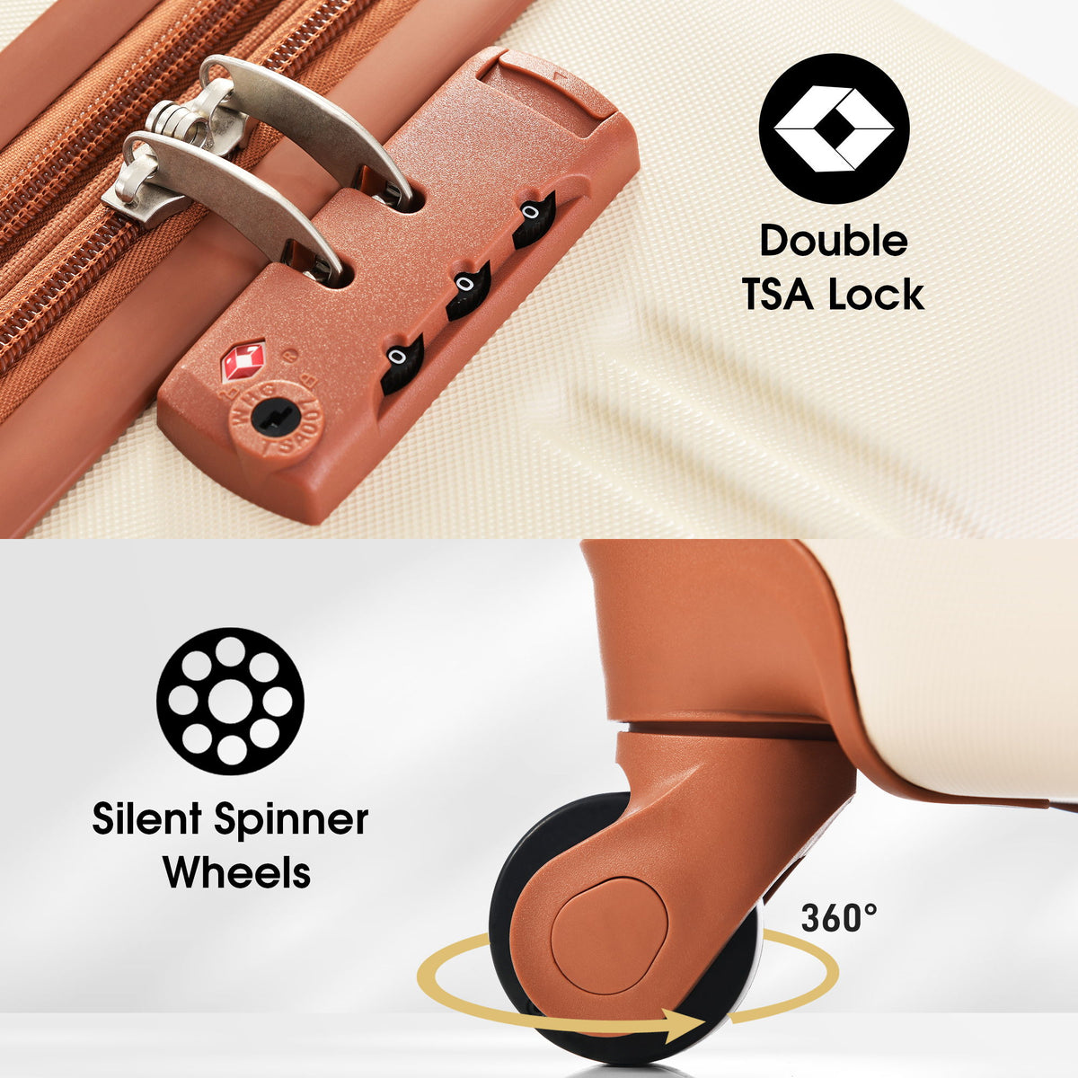 Juego de 3 maletas rígidas con ruedas y cerradura TSA, disponibles en 20, 24 y 28 pulgadas.