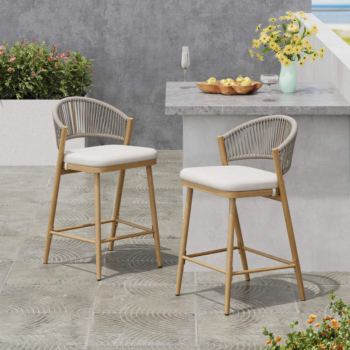 Outdoor 26" Counter Height Metal Frame Counter Stools With Scallop Shaped Backrest & Water Resistant Cushions