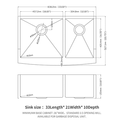 Double Bowl Sink 60 / 40 Split Apron Front Kitchen Sink In 16 Gauge With 2 10" Deep Basins 33" X21" X10" - Brushed Nickel