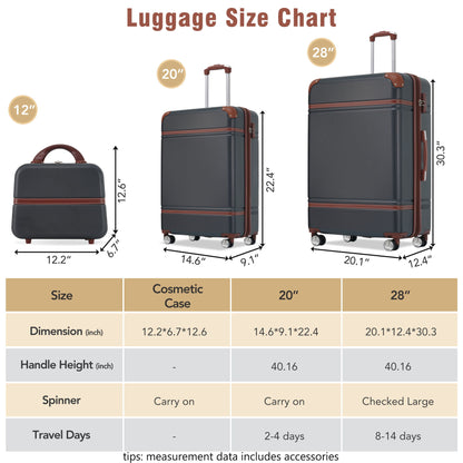 Conjunto de equipaje rígido de 3 piezas, maletas de 20"/28" y estuche para cosméticos, maleta con ruedas y cerradura TSA ligera.