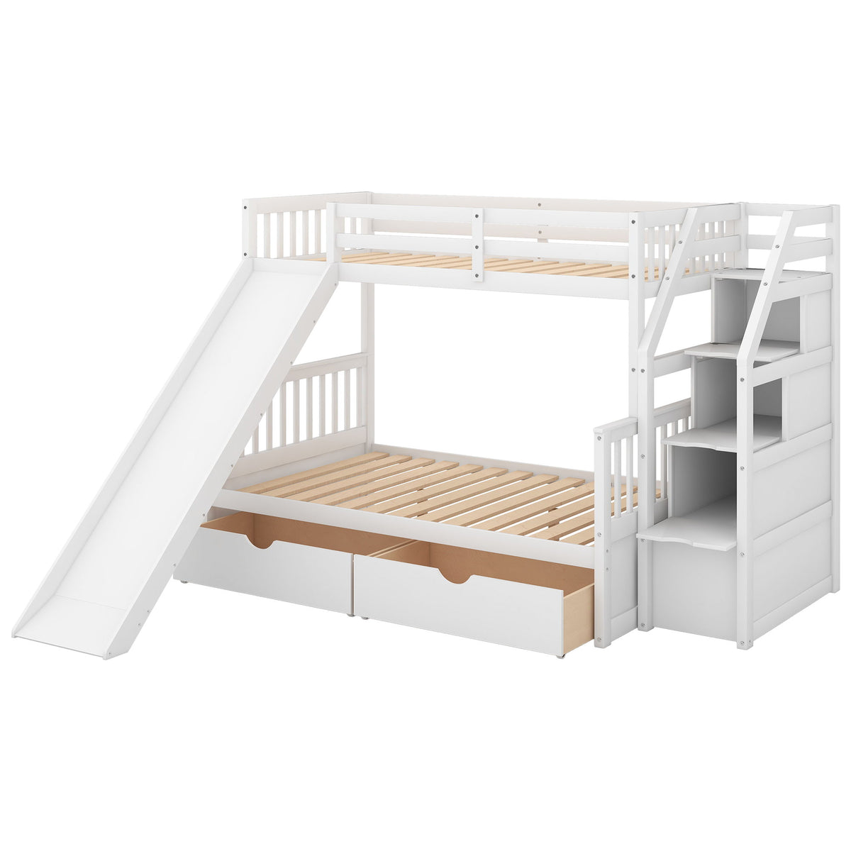 Bunk Bed With Storage Staircase, Slide, Desk, Drawers, And Shelves