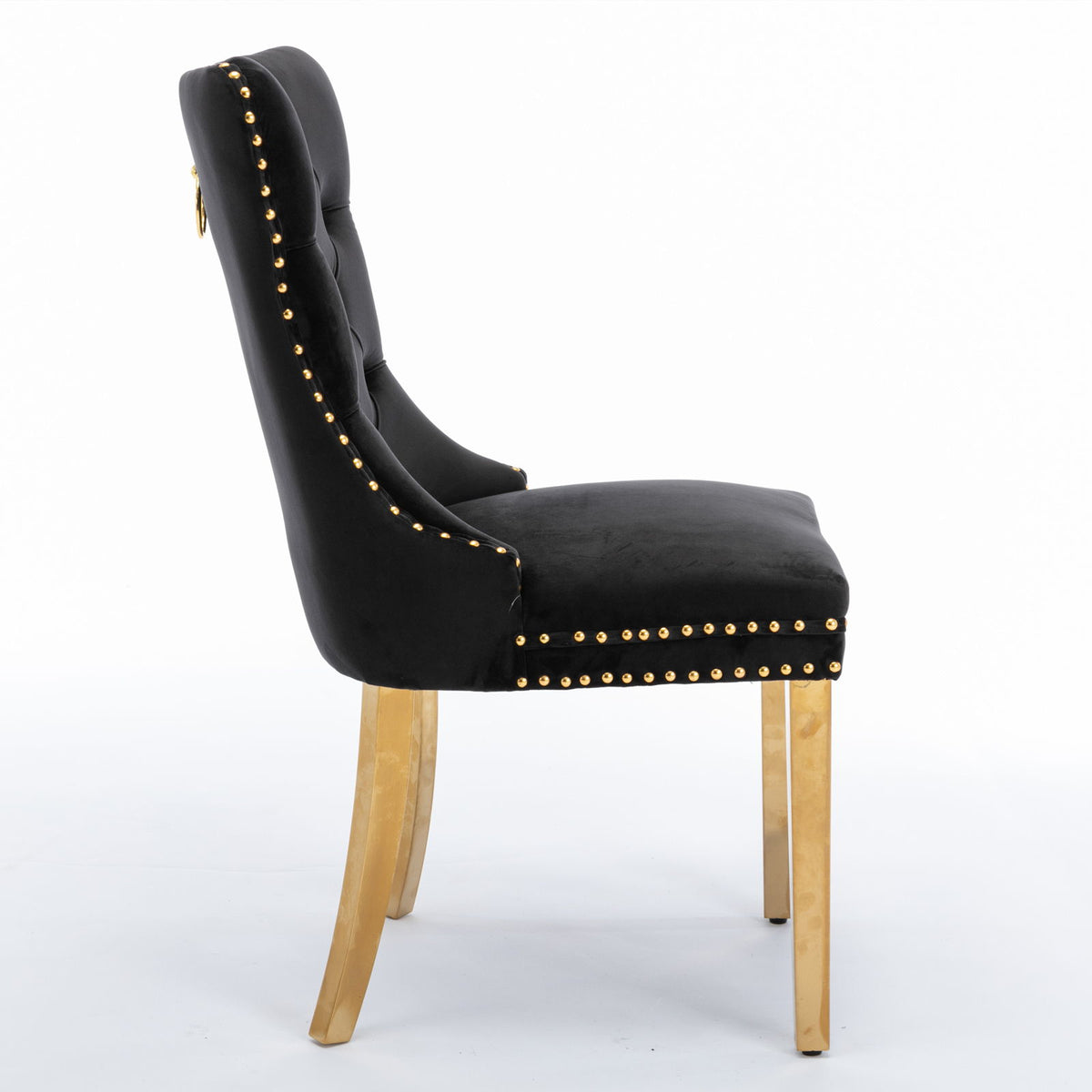 Nikki - Silla de comedor moderna y de alta gama, de madera maciza capitoné, tapizada en terciopelo, con patas de acero inoxidable dorado y ribete de tachuelas (juego de 2)