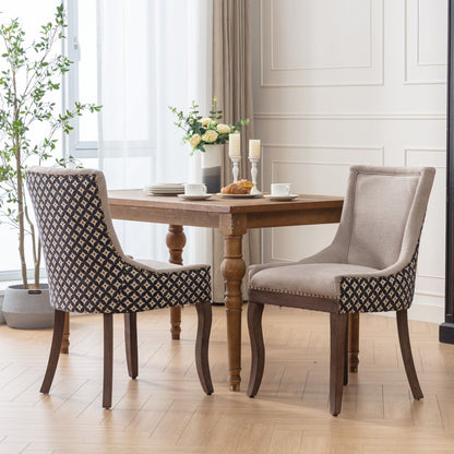 Silla de comedor Ultra Side, de tela gruesa con patas de madera maciza en tonos neutros y tachuelas de bronce (juego de 2)