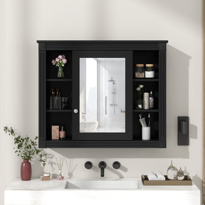 Wall-Mounted Bathroom Storage Cabinet With Mirror, 6 Open Shelves - Black