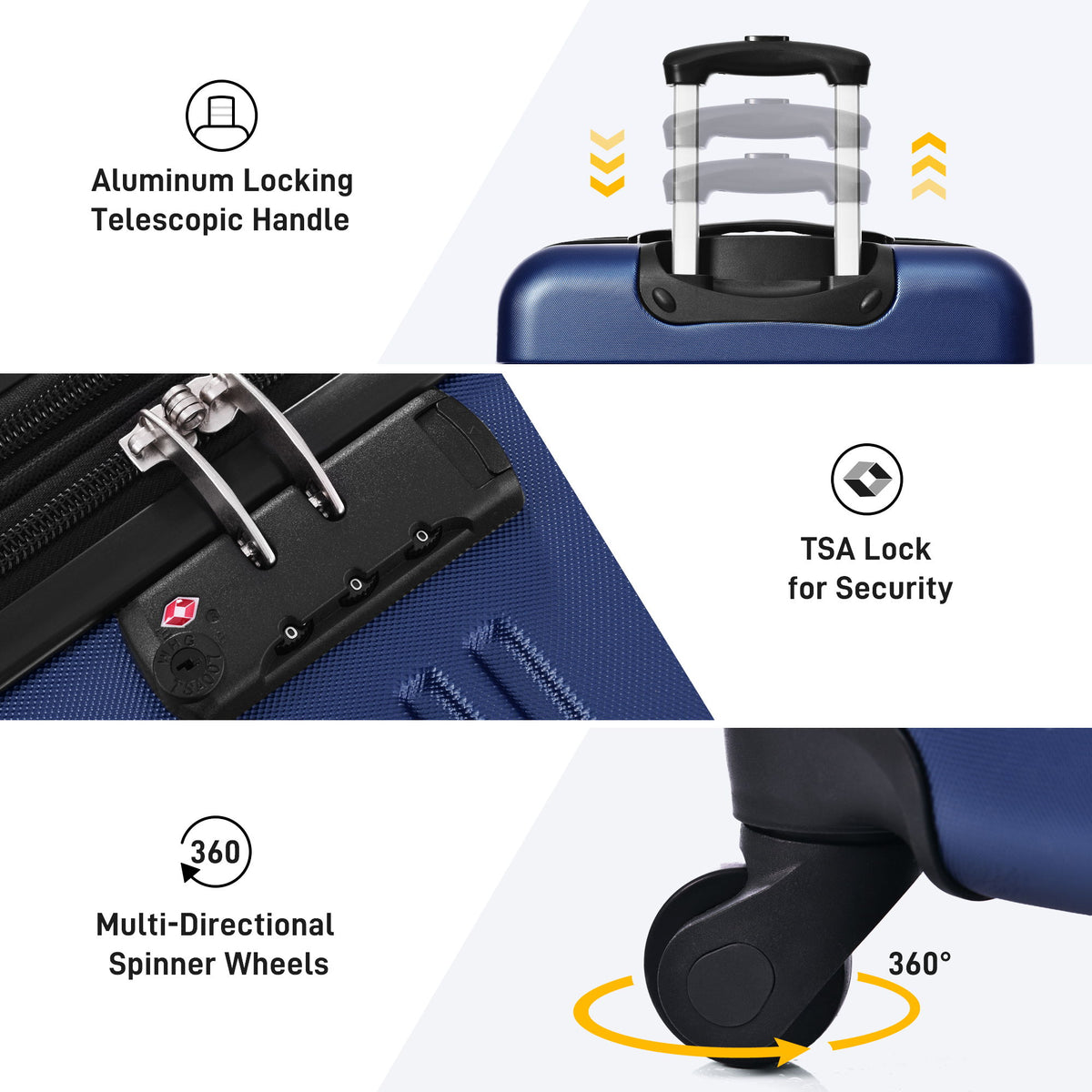 Juego de 3 maletas rígidas con ruedas y cerradura TSA, disponibles en 20, 24 y 28 pulgadas.
