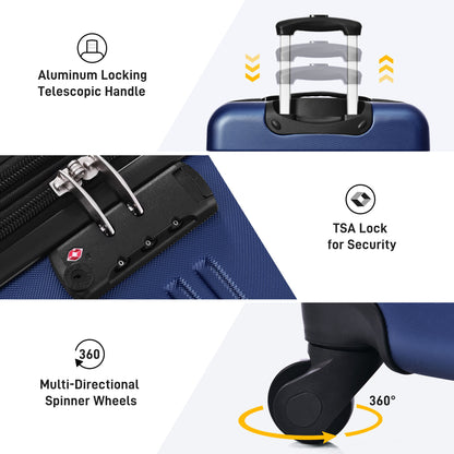 Juego de 3 maletas rígidas con ruedas y cerradura TSA, disponibles en 20, 24 y 28 pulgadas.