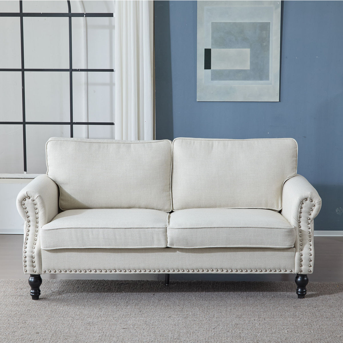Rolled Arm Sofa With Nailhead Trim 2 Seater Upholstered Couch With Wooden Legs For Living Room Or Bedroom Deep Seat Design - Beige