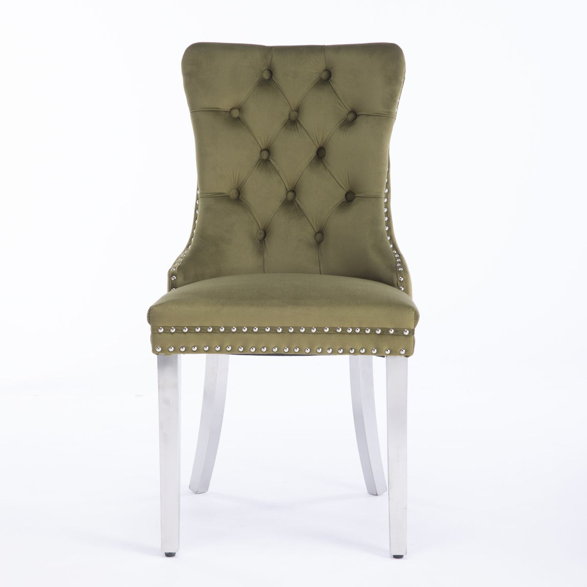 Nikki - Silla de comedor moderna y de alta gama, de madera maciza capitoné, tapizada en terciopelo, con patas de acero inoxidable cromado y ribete de tachuelas (juego de 2)