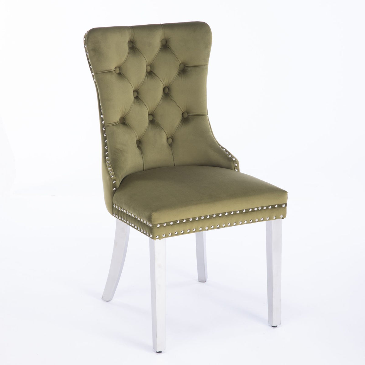 Nikki - Silla de comedor moderna y de alta gama, de madera maciza capitoné, tapizada en terciopelo, con patas de acero inoxidable cromado y ribete de tachuelas (juego de 2)